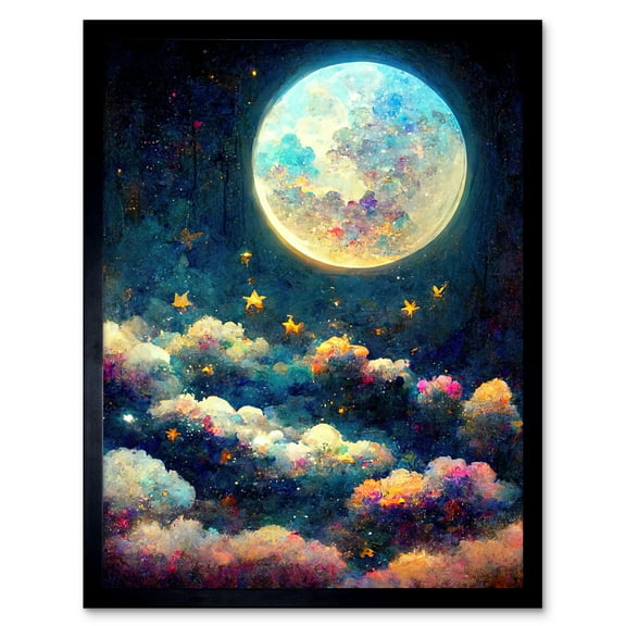 Dreamy Night Sky Moon Stars Colourful Clouds Kids Cute Art Print Framed Poster Wall Decor 12x16 inch