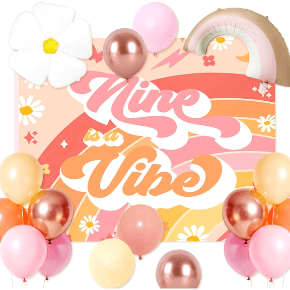9th Birthday Party Balloon Decoration Set - 'Nine is Trendy' Theme with Warm Orange Vintage Background and Balloons