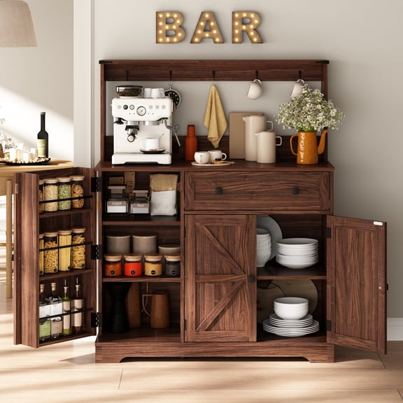 40'' Coffee Bar Cabinet Station with Storage Doors, Farmhouse Sideboard Buffet Cabinet for Kitchen Dining Room, Walnut