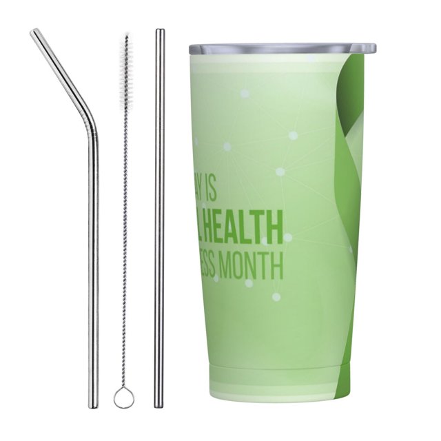 En mayo usamos verde Mes de concientización sobre la salud mental Taza de viaje de café de acero inoxidable con aislamiento de 20 oz con pajita Taza térmica portátil Juego de tres piezas con pajita