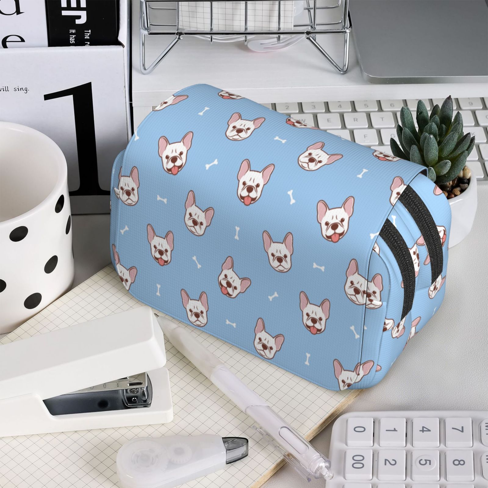 Rateoe French Bulldog Head Pattern Double Clamshell Pen Case, Storage Organizer with Two Zipper Compartments– Holds Up to 50 Pencils & Pens