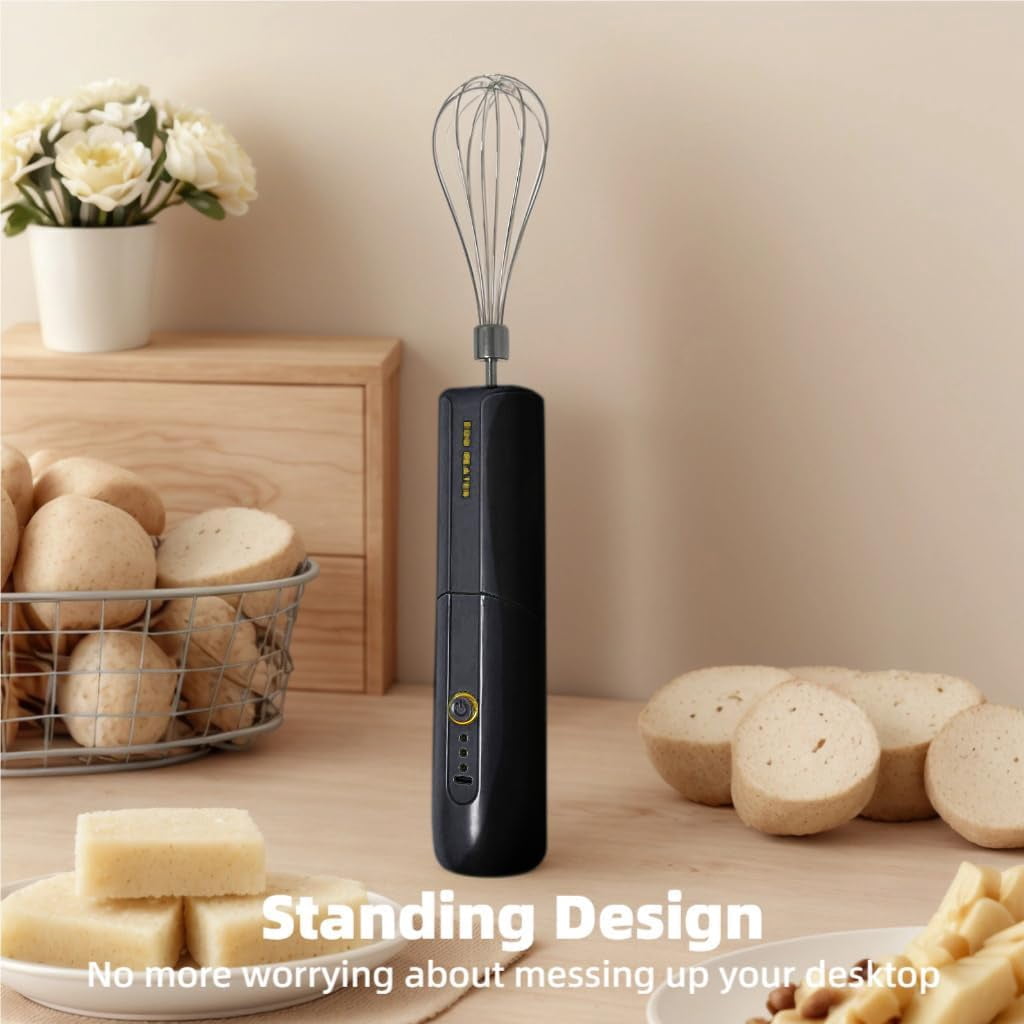 ABCISI Cordless Hand Mixer, Foldable Design Handheld Electric Whisk with 3 Speed Modes, Rechargeable Egg Beater with 2 Detachable Stir Whisks for Eggs/Milkshake Cream/Butter/Baby Food (Black)