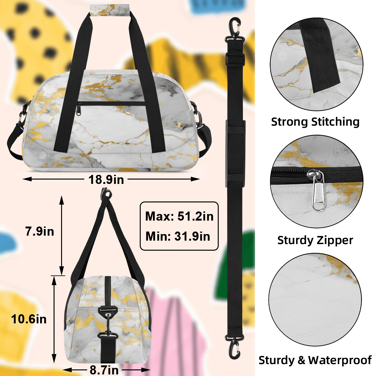 Herdesigns Grey White Gold Marble Sports Duffle Bag for Women & Men, Modern Abstract Gym Bag Dance Bag Overnight Bag Carry On Weekender Travel Bag