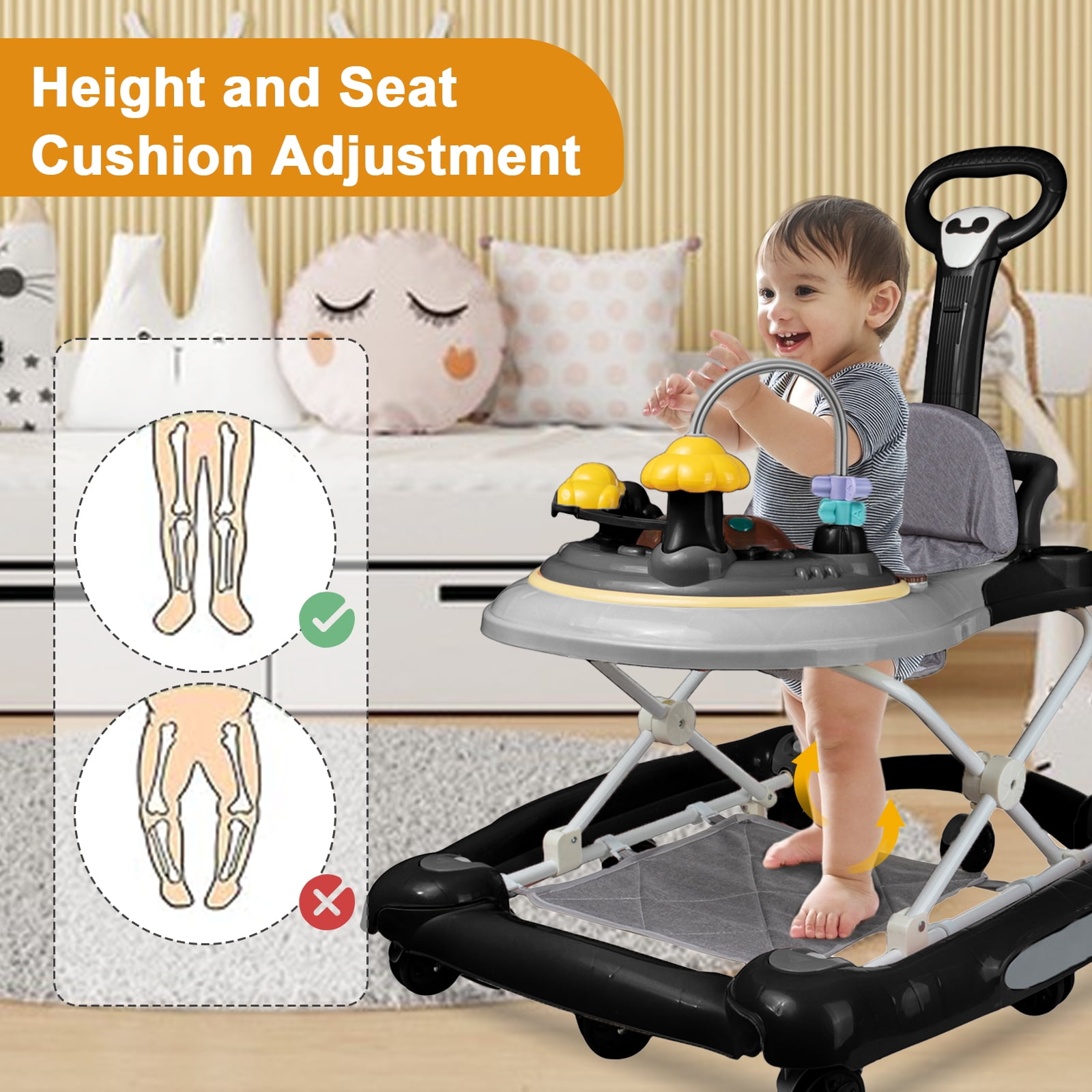 EONROACOO 5-in-1 Baby Walker for Boys Girls, Adjustable Infant Walkers with Wheels(Black)