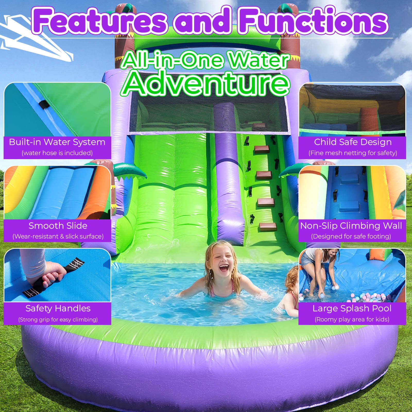 OFFMUST 21' Purple Tropical Inflatable Water Slide Commercial Grade Home Water Park for Adults Teen with Water System