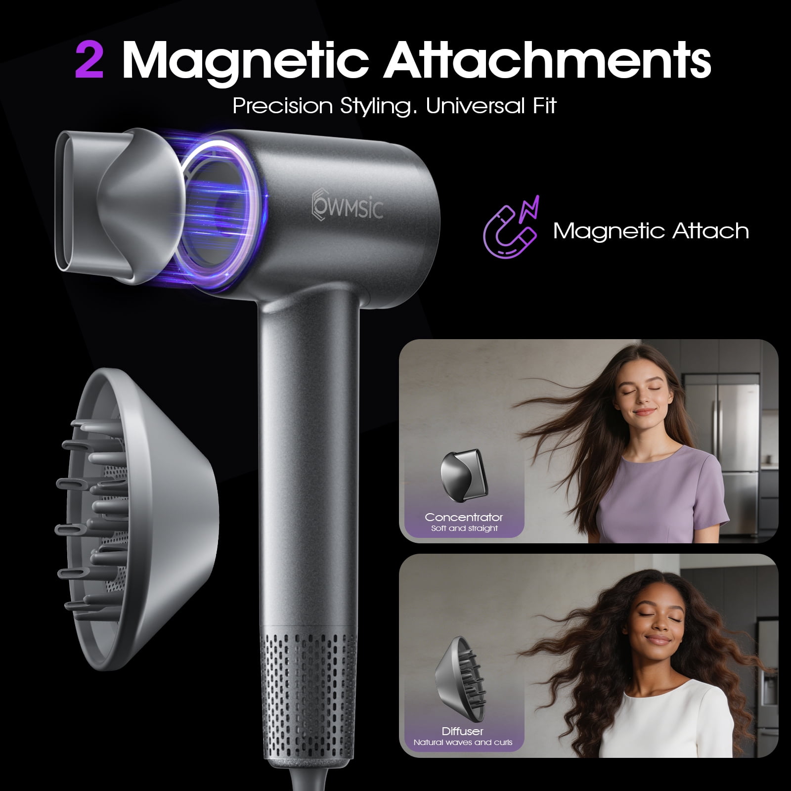 OWMSIC Hair Dryer, High Speed 160000 RPM Ionic Blow Dryer with Lightweight Low Noise Fast Drying for Home Salon Travel, Gray