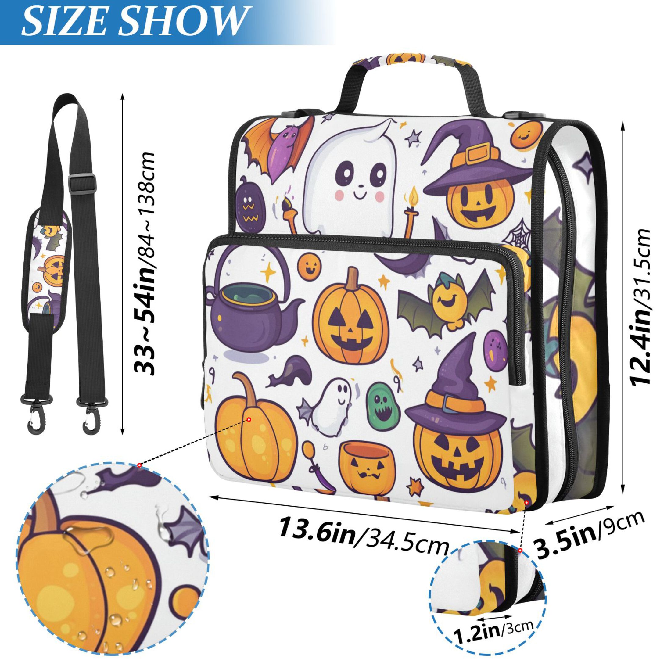 3 Ring Zipper Binder with Shoulder Strap Waterproof Trapper Keeper 2 Inch D-Ring 500 Sheets Capacity Cartoon Ghost Pumpkin Bats