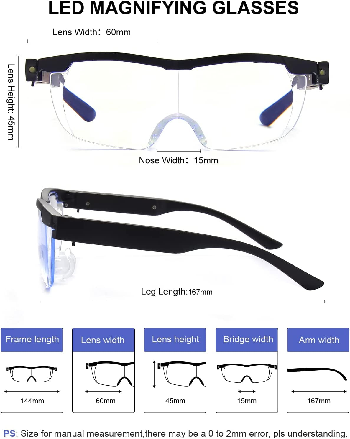 Glasses With Magnifying LED Light - Vision Eye Sight Enhancing Reading  Eyewear - 160% Magnification Lenses - UPGRADED USB Rechargeable