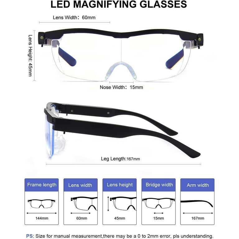 160% Magnifying Glasses with Light. Rechargeable LED Lighted Magnification  Eyeglasses. Anti Blue Light. Mighty Bright Sight Hands Free Magnifier for