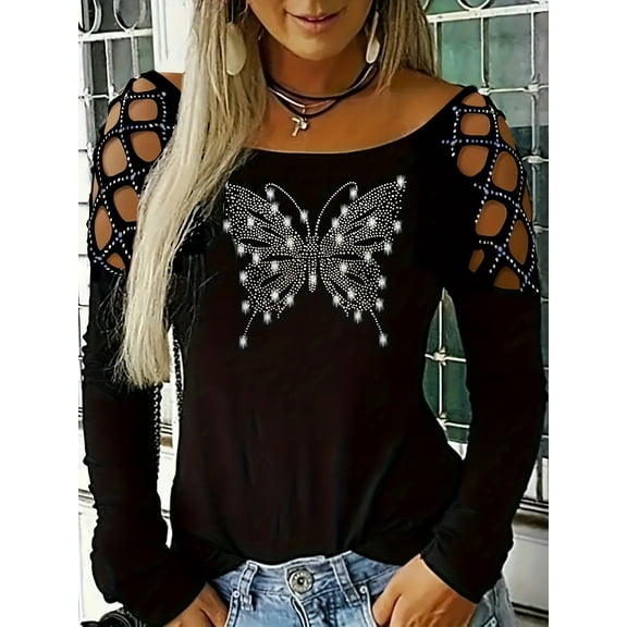 Plus Size Women's Glitter Butterfly Print T-shirt - Long Sleeve Round Neck Slight Stretch