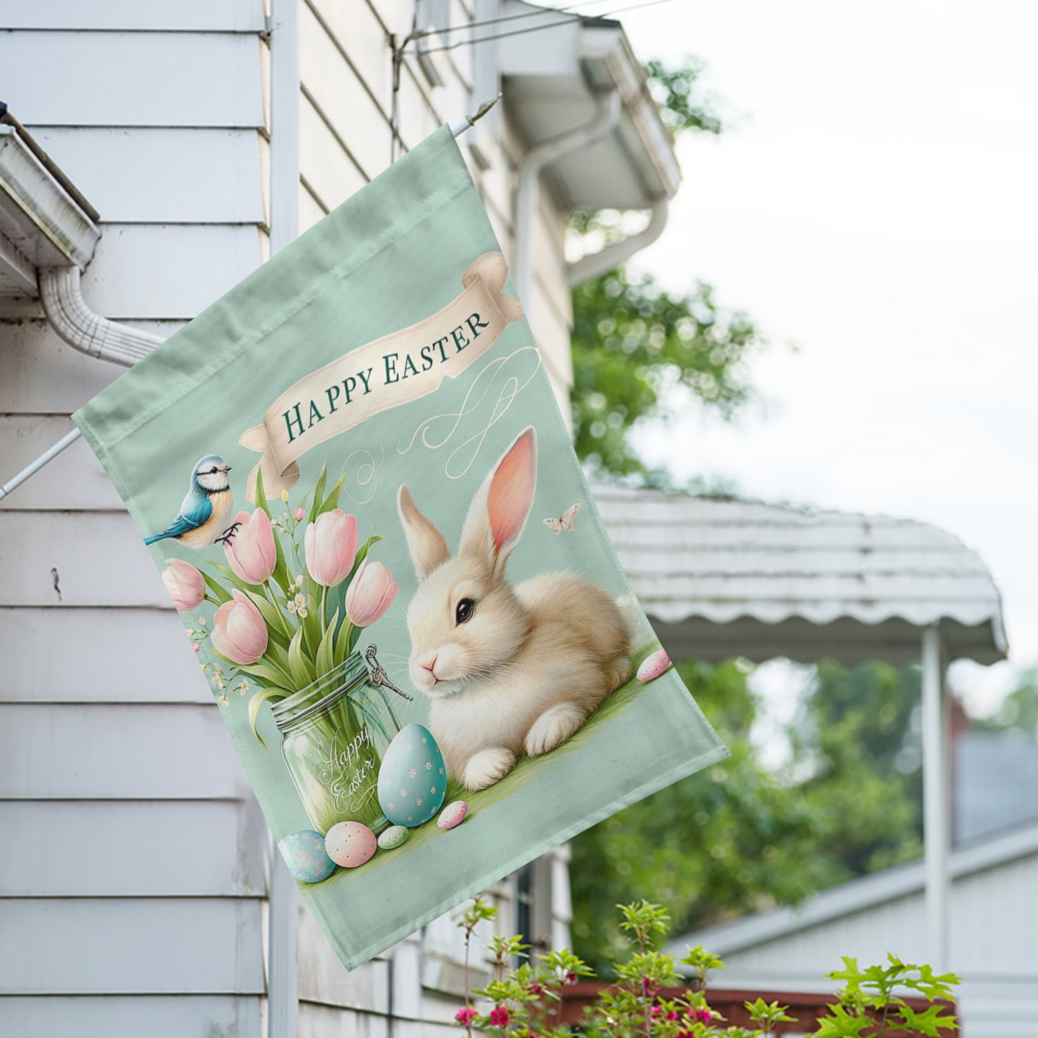 America Forever Easter Floral Mason Jar House Flag, 28” x 40” Double Sided, Bluebird Spring Summer Floral Easter Day Welcome Flag for Outdoor Yard Farmhouse Home Decoration