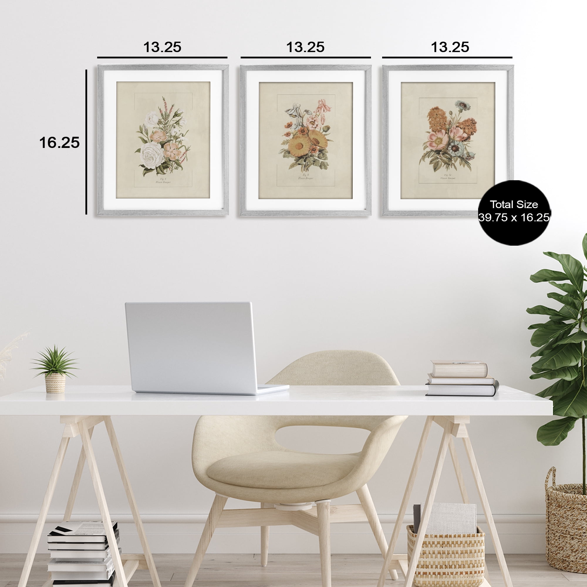 Stupell Industries Neutral Bouquet Studies 3 Piece Gray Framed Print Under Glass Set, design by Dan Meneely