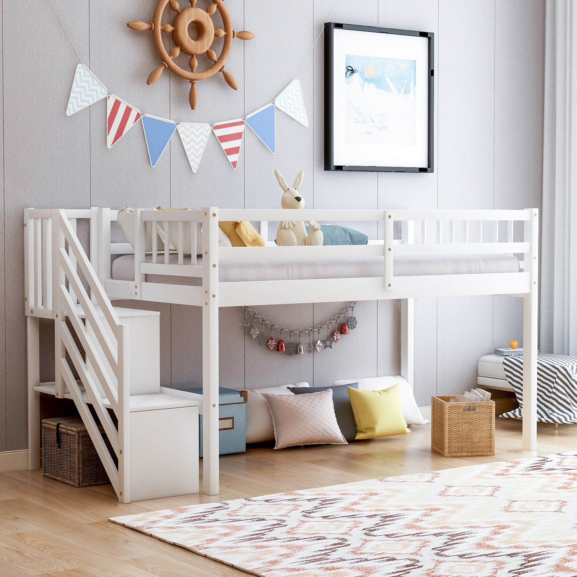Floor Loft Bed, Ladder with Storage, Twin Size, White
