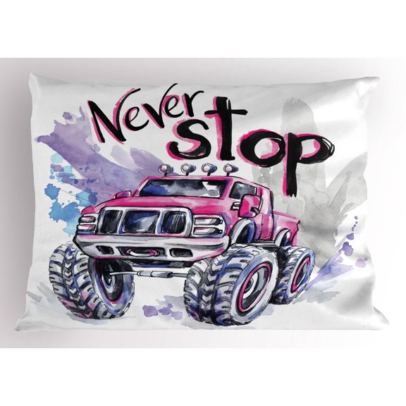 Ambesonne Monster Truck Pillow Sham, Never Stop Words, 36" X 20", Multicolor