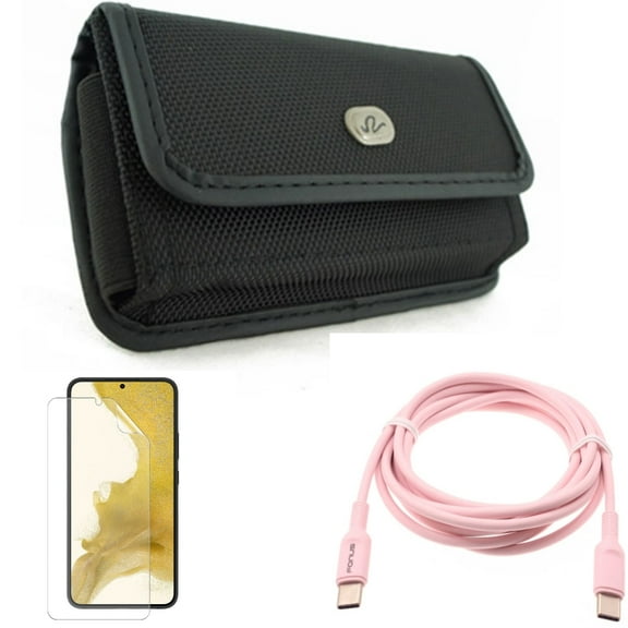 Pink 6ft Long Cable & Matte Screen Protector & Case Belt Clip for Samsung Galaxy S22 (6.1") - USB-C to Type-C PD Fast Charger & TPU Film Anti-Glare & Rugged Holster Accessory Bundle