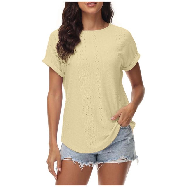 TSADFHJI Chandails en Molleton Femmes Blouse Décontractée Unie Jacquard Creux Manches Courtes S Jaune