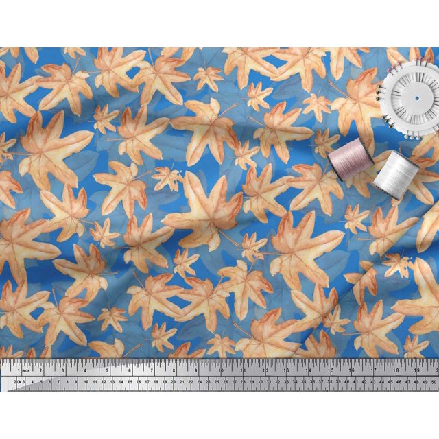 Soimoi Blue Rayon Fabric Autumn Leaves Printed Fabric 1 Yard 58 Inch Wide