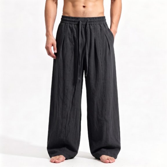 Ceisia Men's Linen Blend Wide Leg Pants Elastic Waist Drawstring Casual Solid Color Loose Fit Trousers Black XL Gift