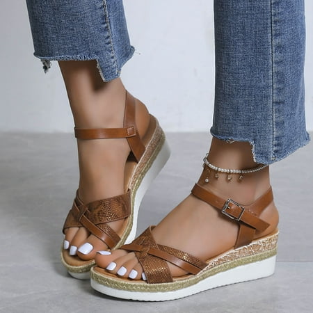 

Aayomet Women Sandals Ladies Sandals Wedge Heel Platform Fashion Casual Button Strap Sandals Brown 7