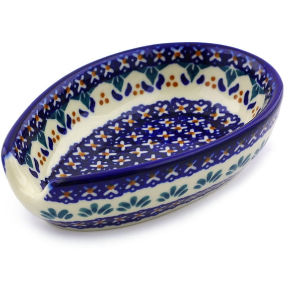 Polish Pottery 5-inch Spoon Rest (Blue Cress Theme) Signature UNIKAT Hand Painted in Boleslawiec, Poland   Certificate of Authenticity