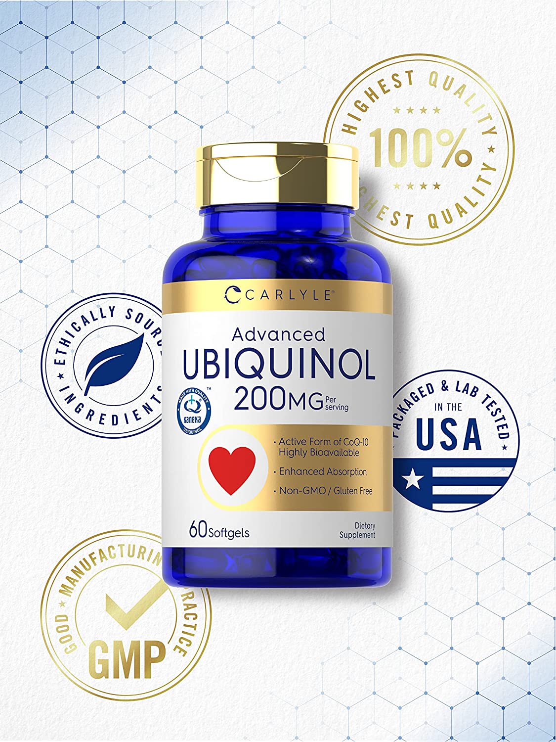 Ubiquinol 200mg | 60 Softgels | CoQ10 Supplement | Highly Bioavailable | by Carlyle