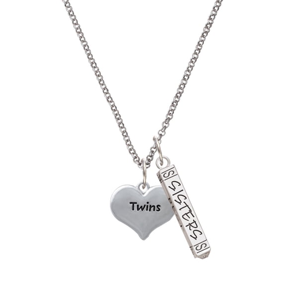 Delight Jewelry Twins Heart with Two Pair of Baby Feet Silvertone Sisters Best Friends Forever Bar Charm Necklace, 23"