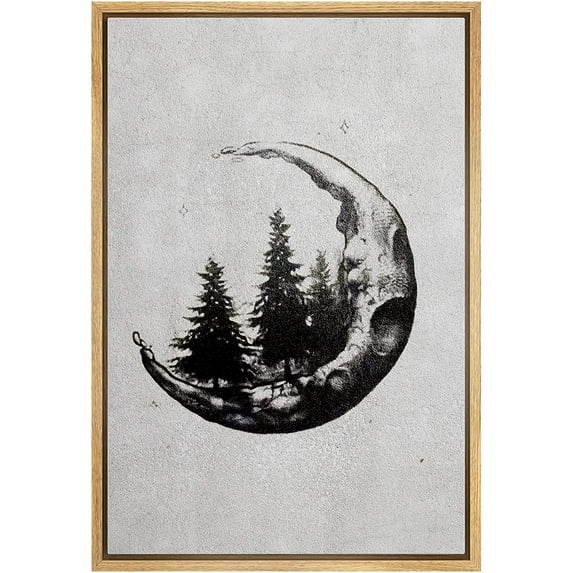 IDEA4WALL Framed Canvas Art Wall Decor Forest with a Cresent Moon Astronomy & Space Wilderness Drawings Realism Vintage Relax/Calm Black and White for Dorm Home Office - 24"x36"