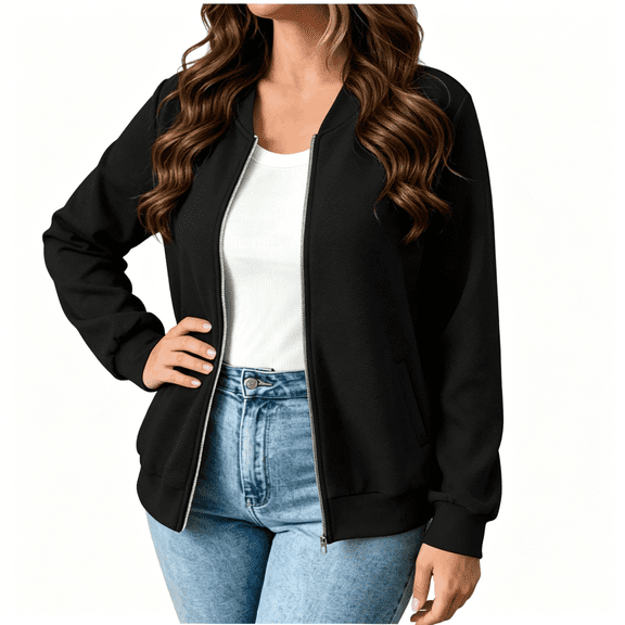 CBASIHI Womens Zip Up Jackets with Pockets- Loose Fit Fall Long Sleeve Casual V Neck Lightweight Sweatshirts Black Size S-2XL