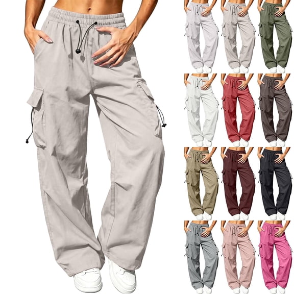 Pants Women Wide Leg Casual Elastic Waist Long Pants Women's Solid-Colored High-Waisted Wide-Leg Casual Sports Cargo Pants Full Length Pants Beige Xl