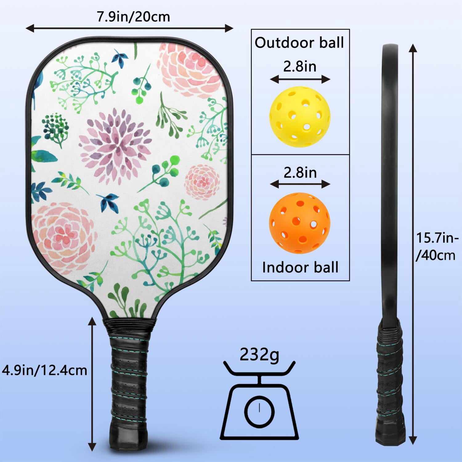 Pickleball Paddles Set Of 1, Fiberglass Surface, Floral, Flowers Print, 1 Paddle, 2 Balls & Bag