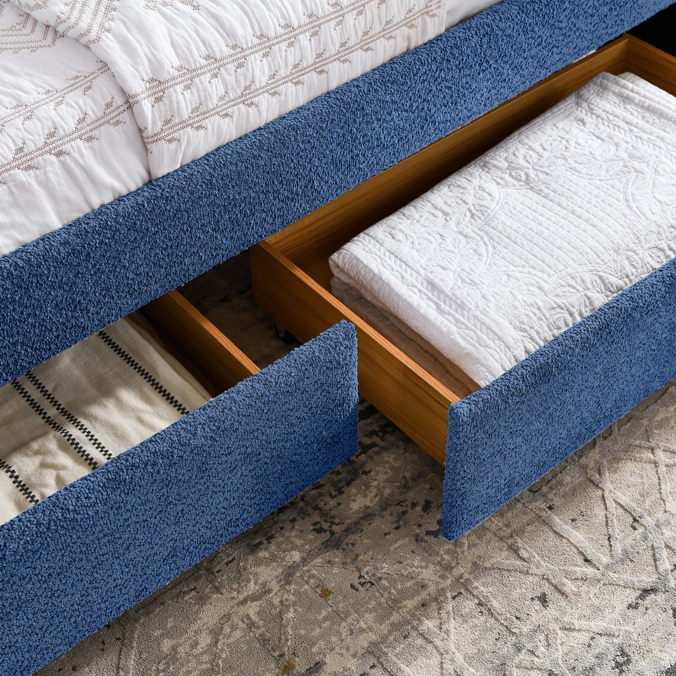 Noble House Zenton Queen Size Boucle Daybed, Upholstered Tufted Sofa Bed Frame with Under-Bed Storage Drawers, Blue