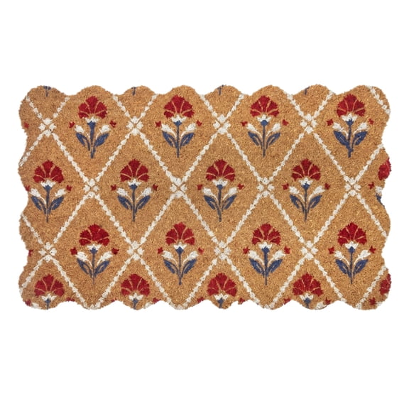 Floral Pattern Coir Doormat Brown Welcome Door Mat with Red Blue Flower Diamond Design, Non Slip Indoor Outdoor Entry Rug for Front Porch Patio Farmhouse Decor 47.24 x 29.52 Inch