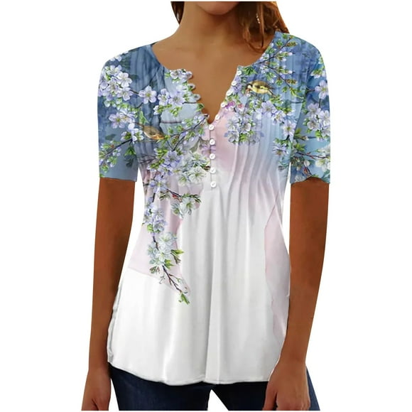 Women Summer Tops Clearance-Sale Short Sleeve Printing Floral Pattern Buttons T-Shirts V-Neck Classic Fitted Tee Fashion Trendy Ladies Softy Holiday Pleated Tops Light Blue,XL