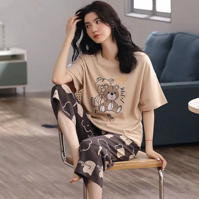 Nuevos pijamas finos de verano de manga corta para mujer, conjunto de ropa de casa dulce y bonita de talla grande, ropa de dormir para mujer