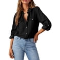 thumbnail image 1 of Camisa elegante de mezclilla para mujer, manga larga, cuello en V, negra, 1 of 4