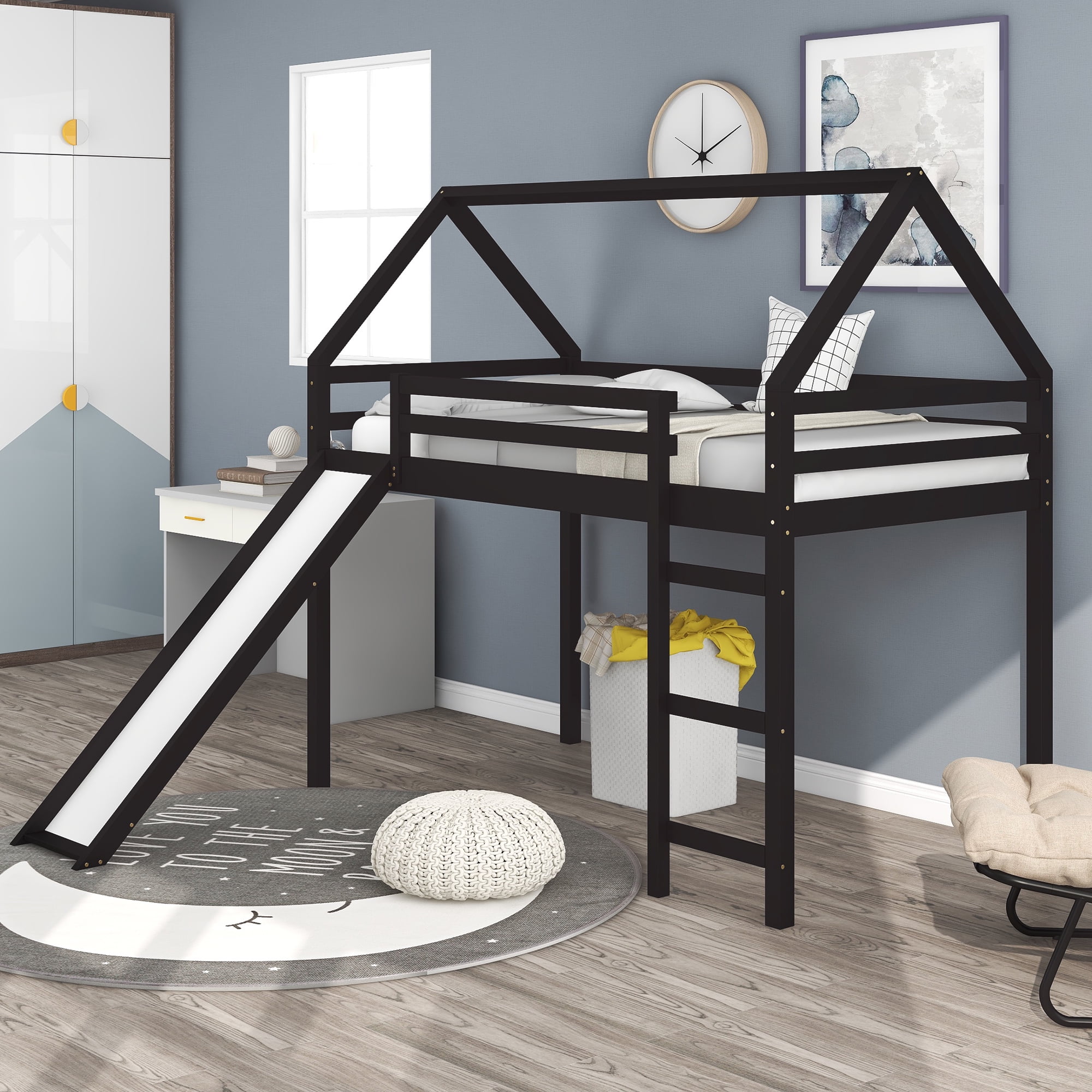 CLEARANCE! Twin Size Loft Bed with Slide, House Bed with Slide,Espresso