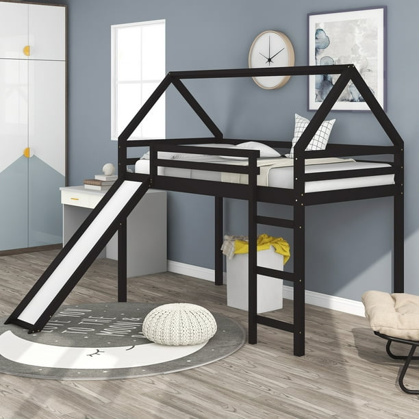 Aukfa Twin Loft Bed with Slide, House Roof Loft Bed Espresso