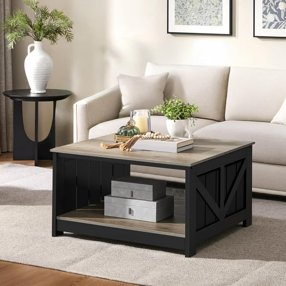 Farmhouse Coffee Table with Storage, Square Coffee Table for Living Room 31.5 Inches Wood Dining Center Tables with Open Storage Compartment, Gray and Black