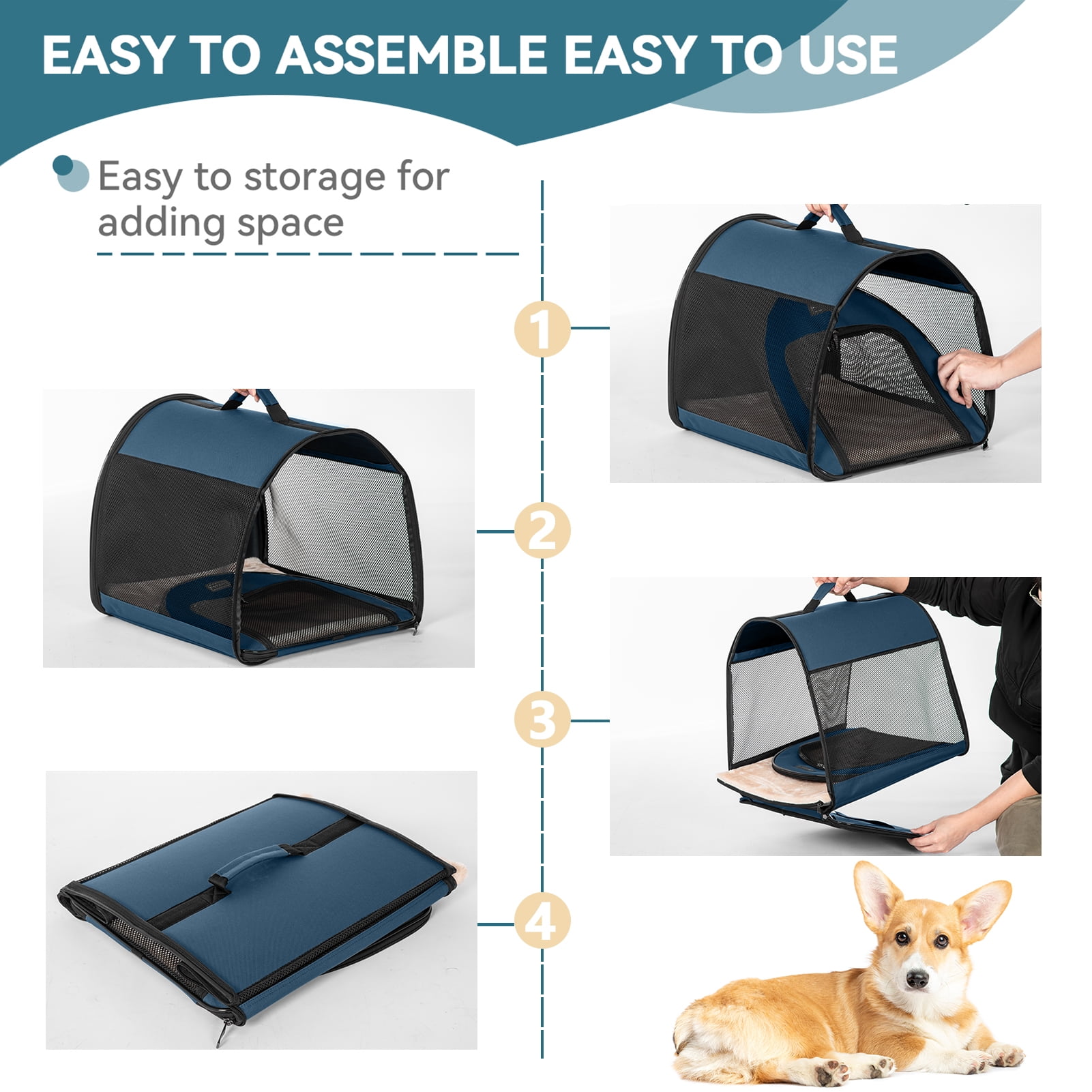 PETSFIT Soft Sided Dog Crate, Travel Dog Crate - 19 Inch Lightweight, Roomy, Easy to Set Up, Portable Pop Up Dog Carrier with Thick Mat, Sturdy Portable Dog Crate，Navy Blue，Small