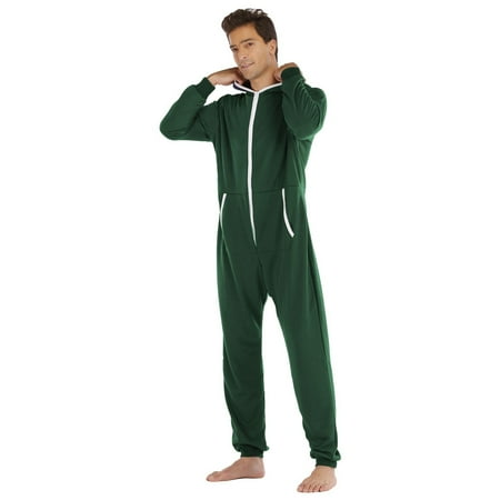 

Mens Pajamas Set Long Sleeve Soild Color Printed Jumpsuit Zipper Hood Pyjamas Nightwear With Pockets