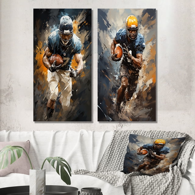 Designart "Dynamic Tackles Yellow Football painting II" Football Wall Art Set Of 2 - Yellow Sports Canvas Set For Living Room Decor