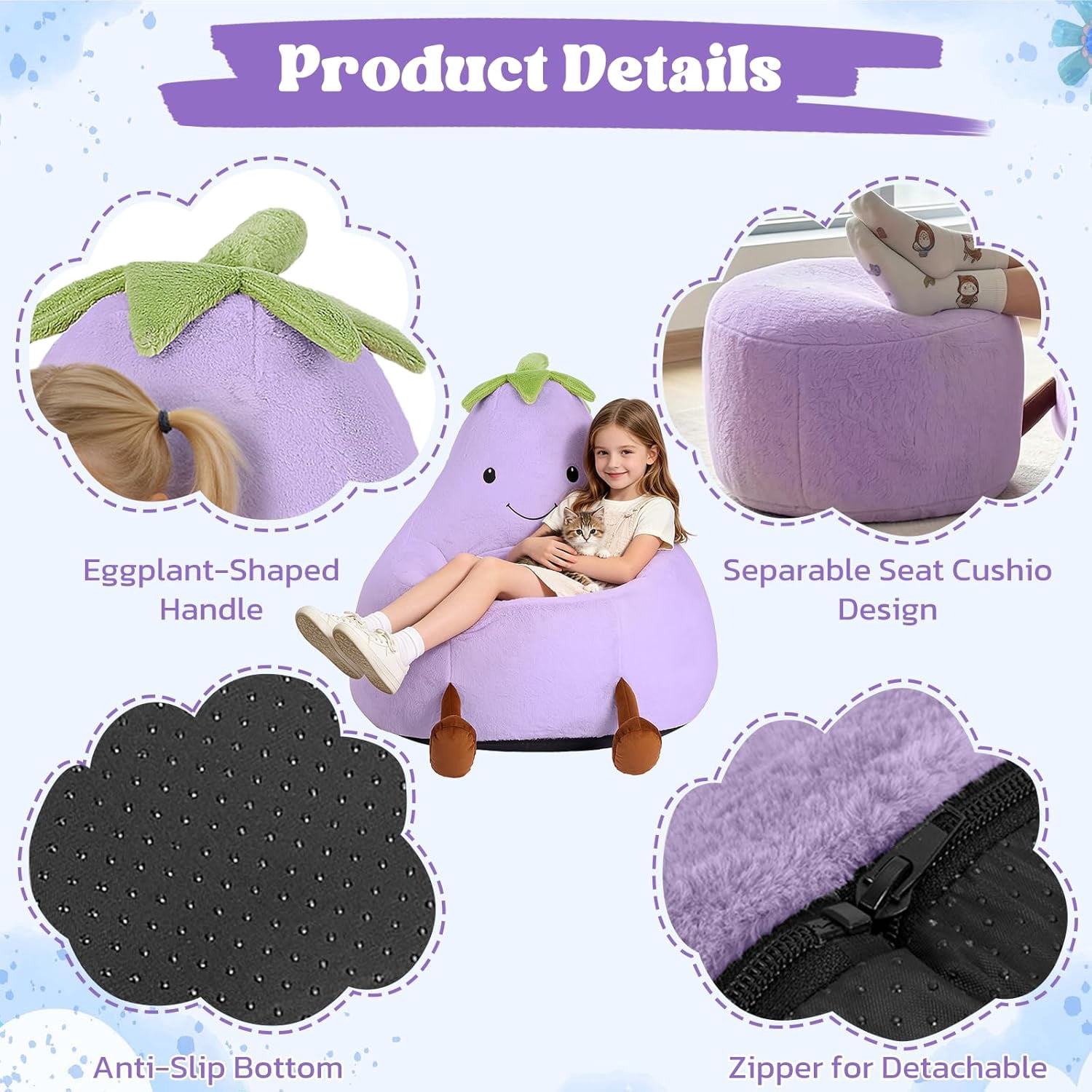 Simple Deluxe 2 ft Kids Bean Bag Chair, Faux Rabbit Fur Round Sofa with Handle and Washable Cover, Purple