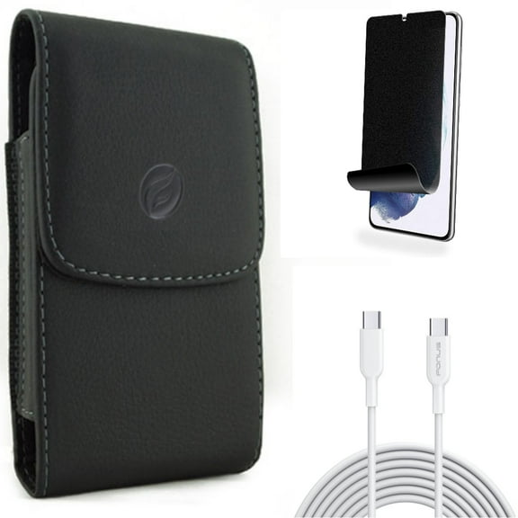 For Samsung Galaxy S21 (6.2") - [Fingerprint Works] TPU Film Privacy Screen Protector   Holster Leather Case Belt Clip   Power PD Fast Charger Cord 6ft Long Type-C Cable