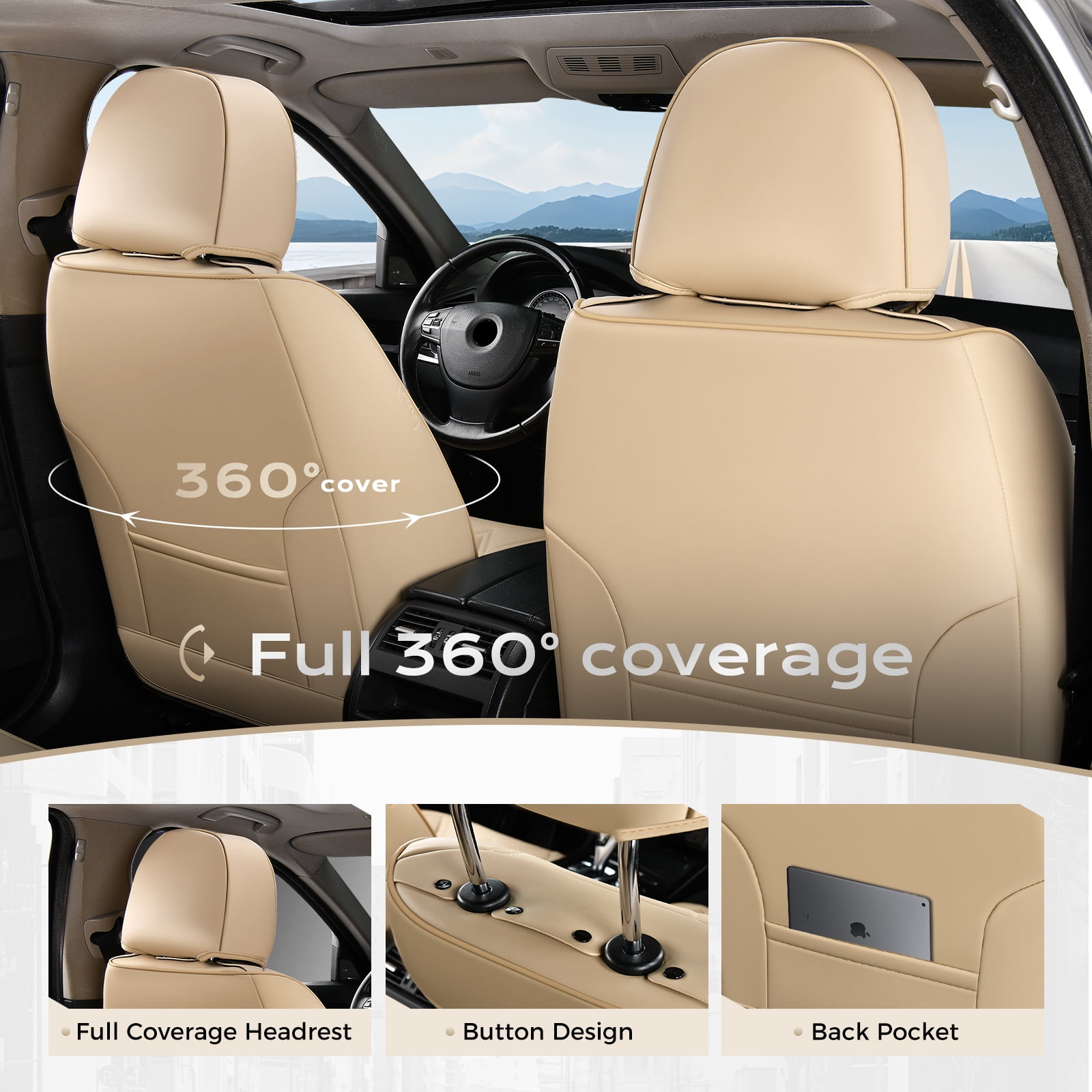 Coverado Full Set Covers For Cars, Waterproof Faux Leather Front and Rear Seat Protectors, Auto Cushions Universal Fit for Most Cars, Beige