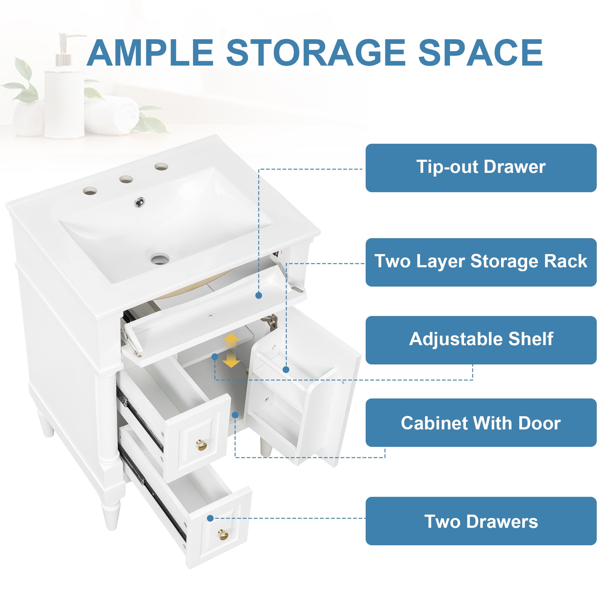 Alvantor 24" Bathroom Vanity with Ceramic Sink, Freestanding Storage Cabinet with Flip Drawers White