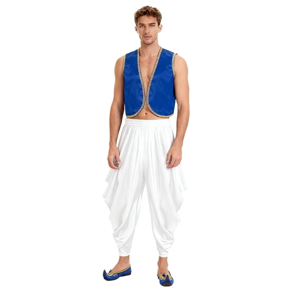 vastwit Mens Adult Arabian Prince Outfit Street Rat Suit Sleeveless Satiny Vest with Harem Pants Set Royal Blue White S