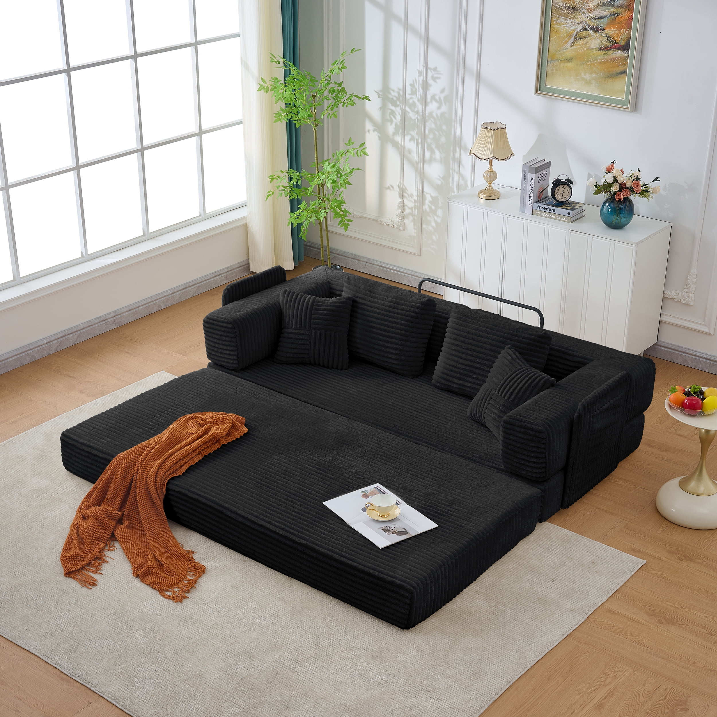Convertible Foldable Sleeper Sofa Bed with Storage Pockets, No Assembly Folding Floor Couch with 4 Pillows, Daybed Futon, Black Upgraded
