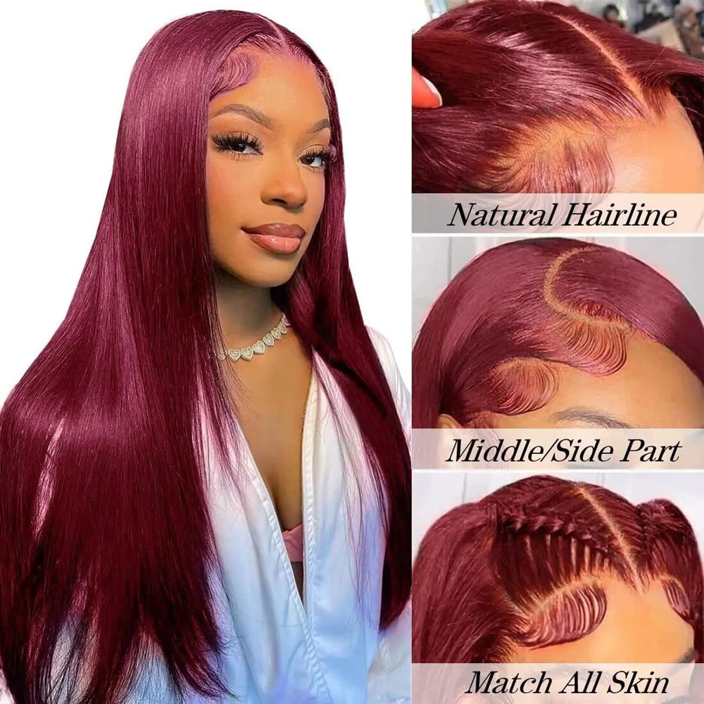 Straight Hair Bundles with Frontal Double Weft Brazilian Human Hair Weaves 3 4 Bundles with 13x4 HD Lace Frontal 99j Burgundy