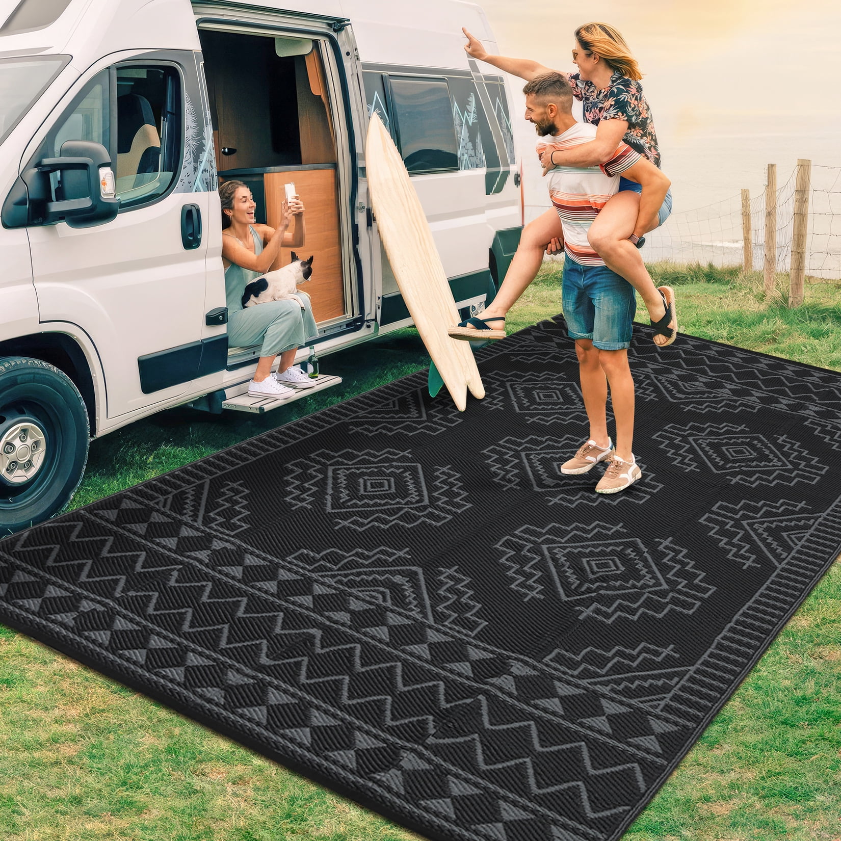 Nanan 9'x18' Outdoor Rug Geometric Waterproof Plastic Straw Rug, Reversible Portable Camping Rug for Patio Balcony Deck Backyard, Black Gray