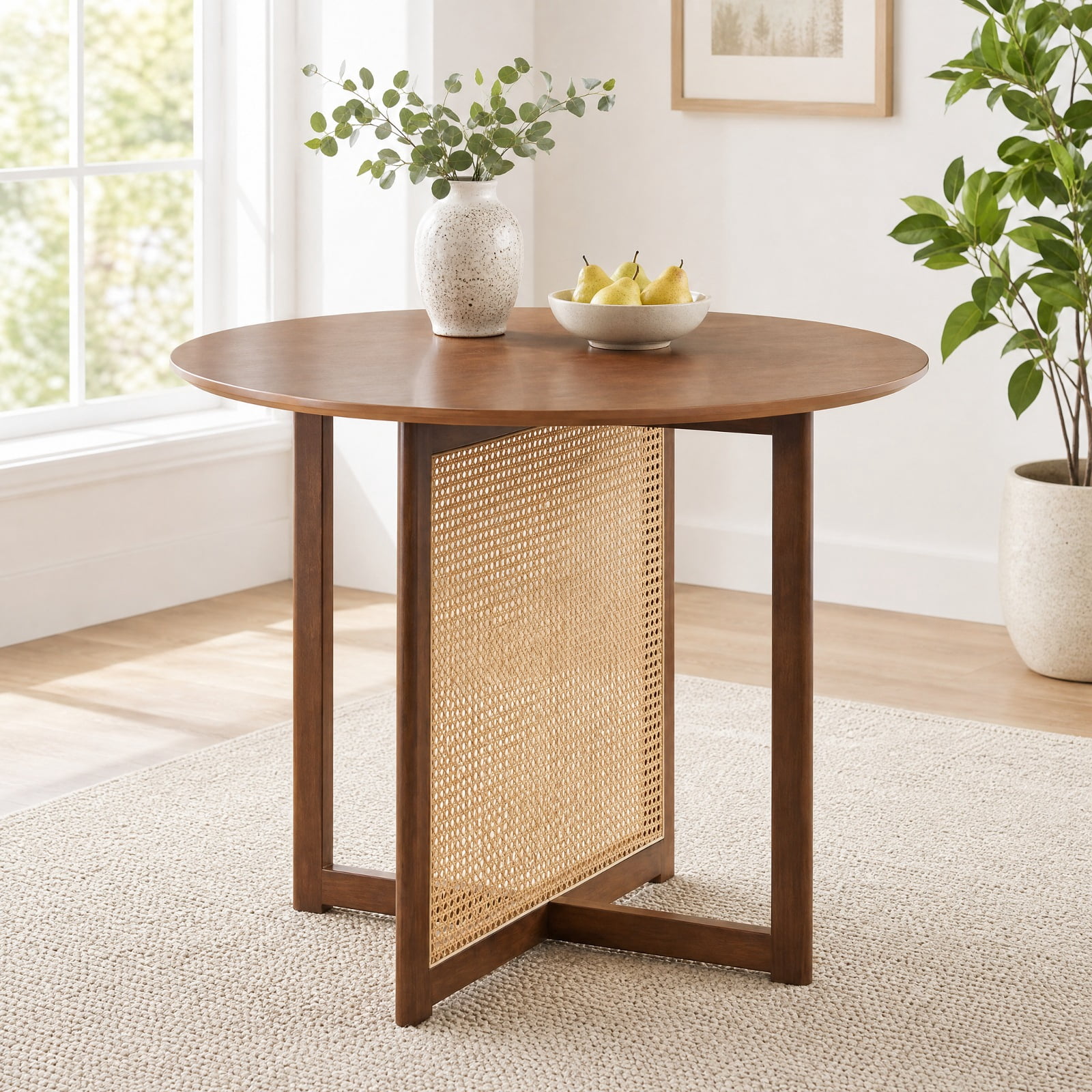 Furnibear 37 Inch Round Dining Table for 4 with Cross Pedestal Base and Rattan Accent for Kitchen and Breakfast Nook, Walnut